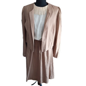 Vintage Melissa Lane Tan Cream Burlap Blouson Dress And Jacket Lace Collar